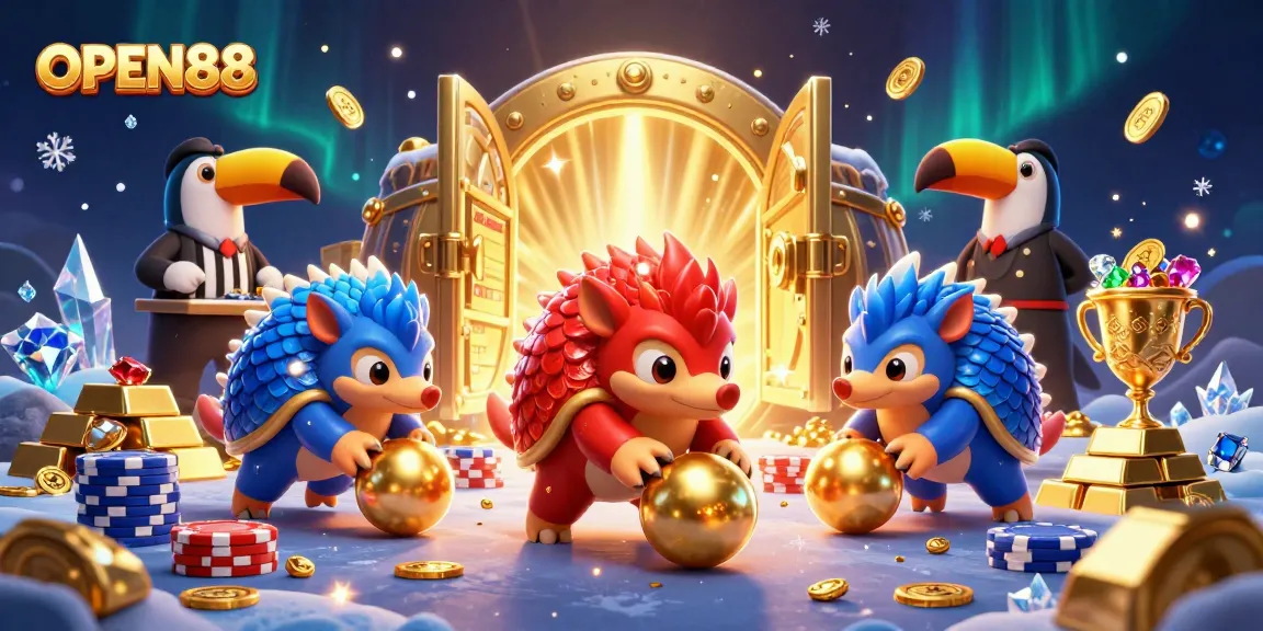 Engage with OPEN88's vibrant 3D landscape featuring animated pangolins and dazzling casino rewards.