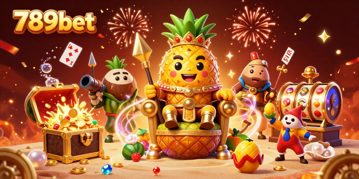 Engage with the vibrant 789bet casino scene, featuring a tropical pineapple king and exciting slot reels.