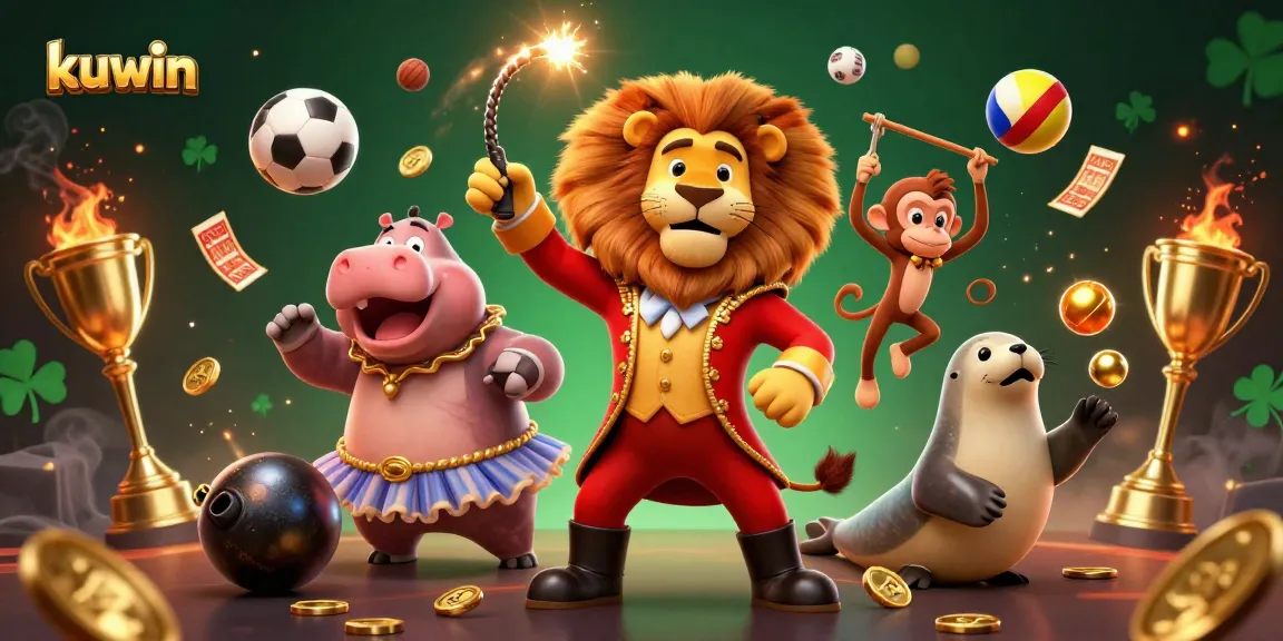 Kuwin game elements come alive as the lion ringmaster leads a lively casino scene with vibrant characters and sports action.