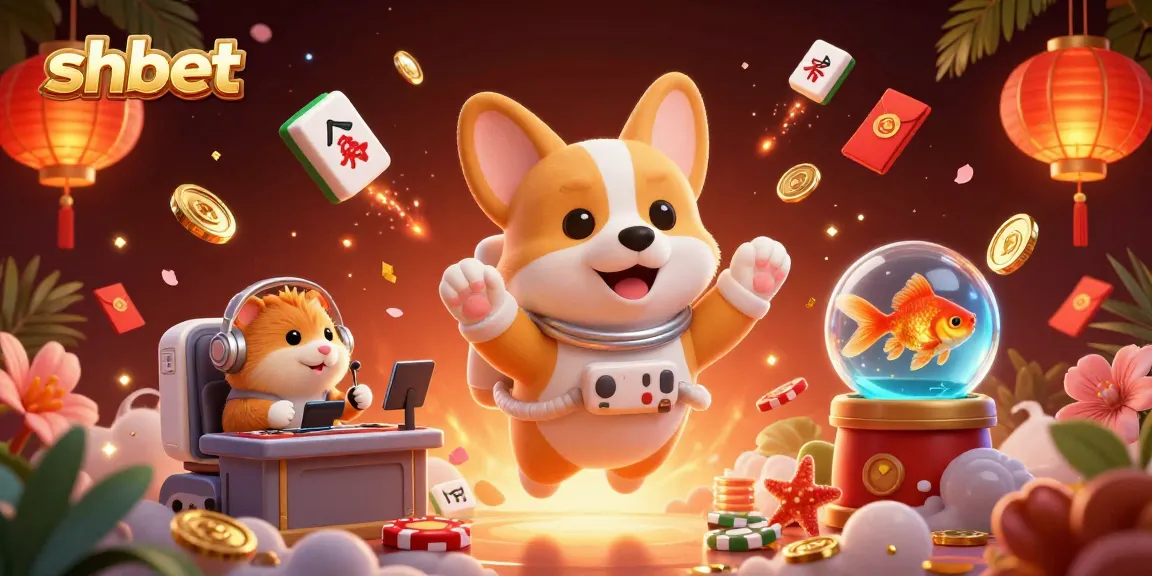 Experience SHBET's exciting gaming adventure with a floating corgi and vibrant casino elements.