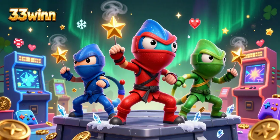 Play with 33winn's ninja chameleons amidst arcade games and golden casino elements
