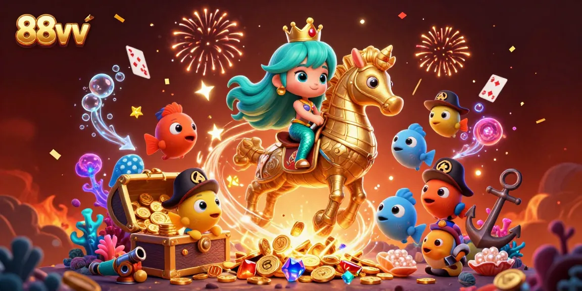 Engage in the vibrant world of 88vv with a mermaid princess amidst dazzling underwater treasures and cartoon fish.