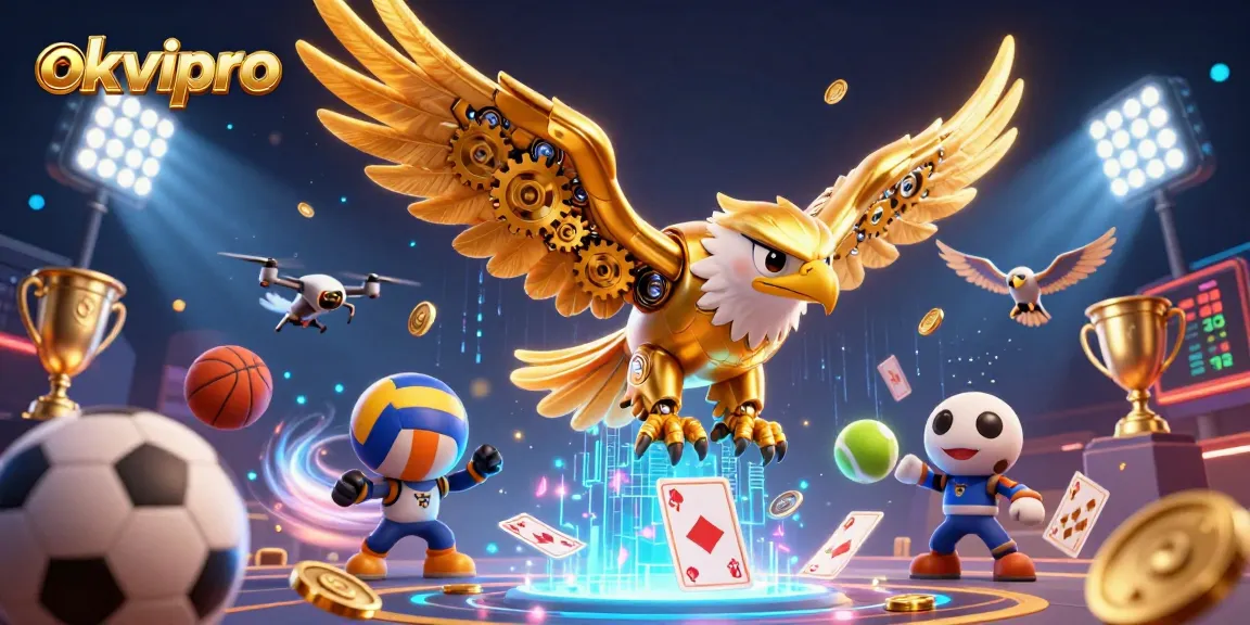 Experience casino excitement with okvipro's dynamic 3D gambling scene featuring a cybernetic eagle.
