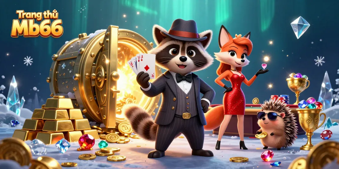 Experience the excitement of Trang chủ Mb66 with a raccoon holding a royal flush in a vibrant casino scene.
