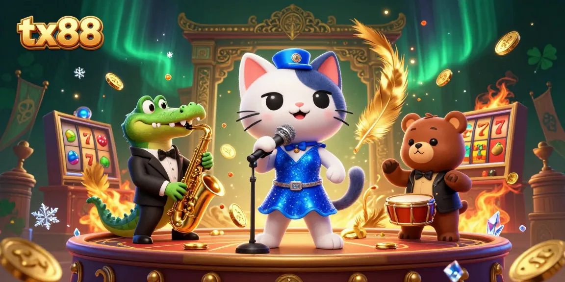 Experience vibrant gaming energy with tx88's lively casino-themed 3D characters and elements.
