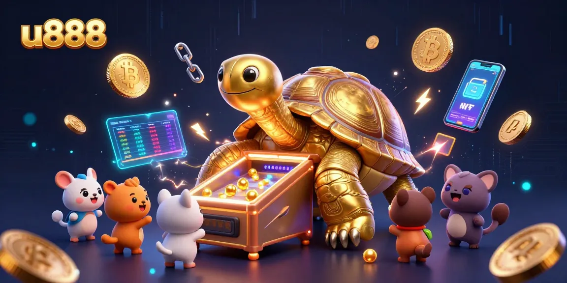 Engage with u888's vibrant casino world featuring a playful tortoise pinball machine amidst glowing cryptocurrency elements.