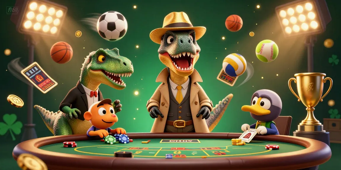 Experience thrilling gaming action at f168 with cartoon velociraptor card counters and lively sports elements.