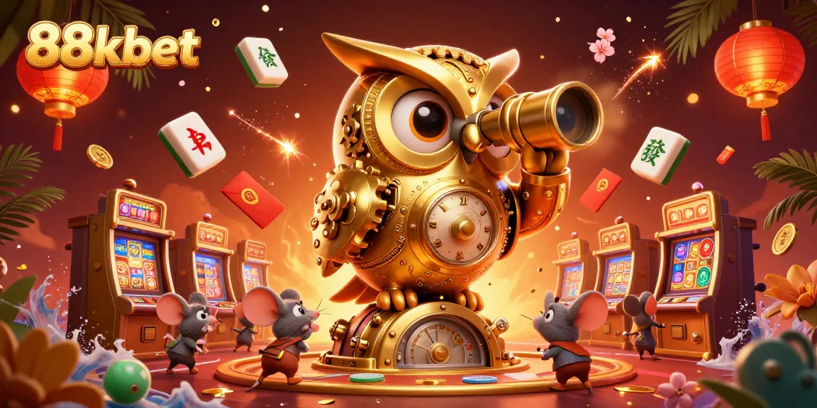 Play exciting games at 88kbet casino while enjoying vibrant 3D illustration of owls and slot machines.